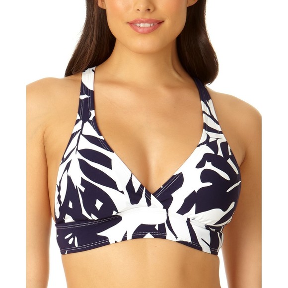Anne Cole Bikini Top Navy White, Marilyn Cross-back, Small - Picture 1 of 8